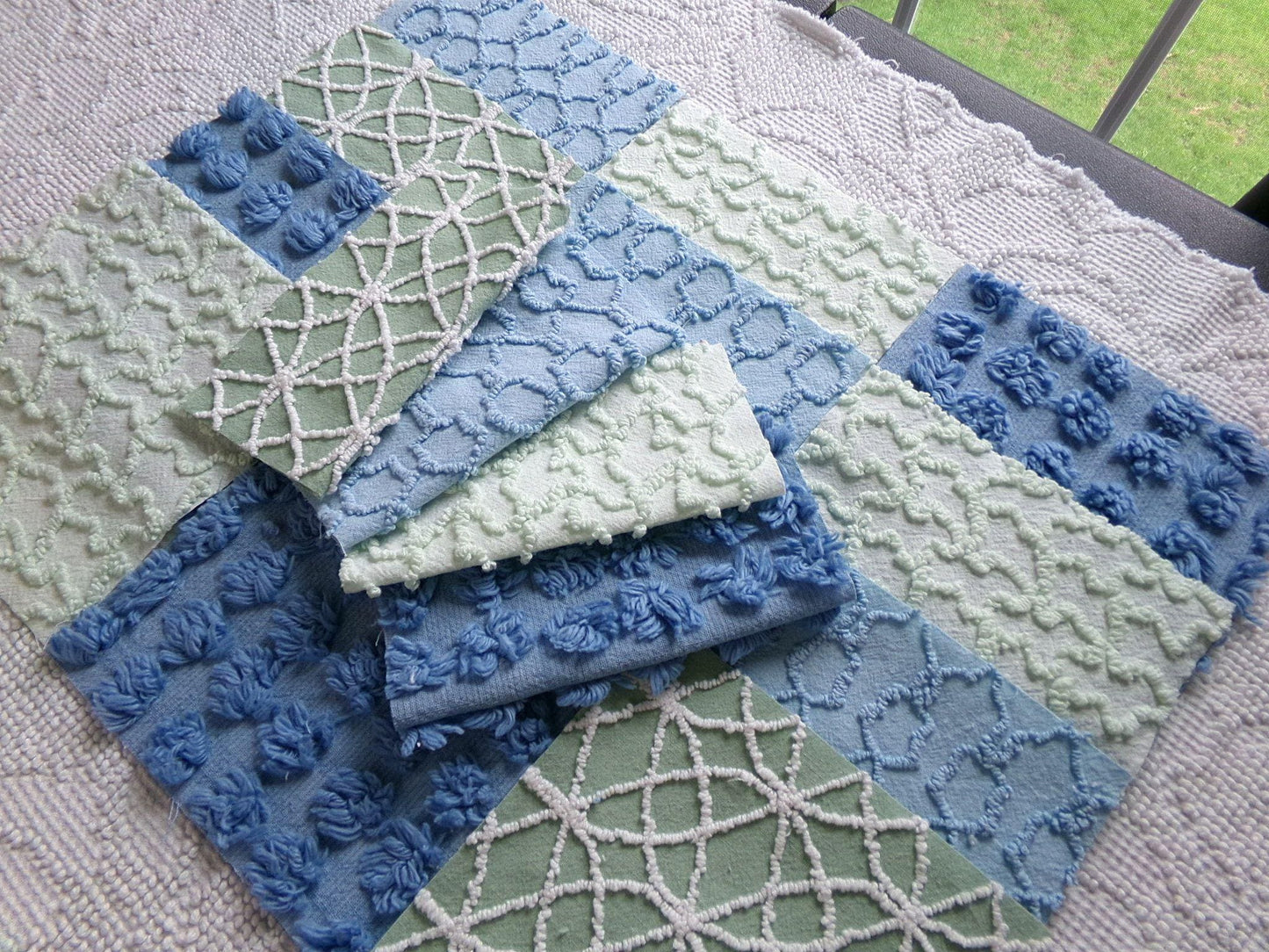 misty mermaid chenille fabric squares, 16 vintage 6" quilt blocks in coastal blue & green, for sewing, crafts, fiber arts