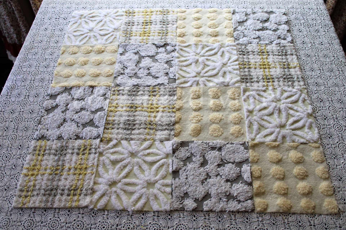 Sunshine & Clouds Chenille Quilt Squares Set, Rotary Cut from Vintage Chenille Bedspread Fabric, 16 Blocks, 6" x 6" inch each