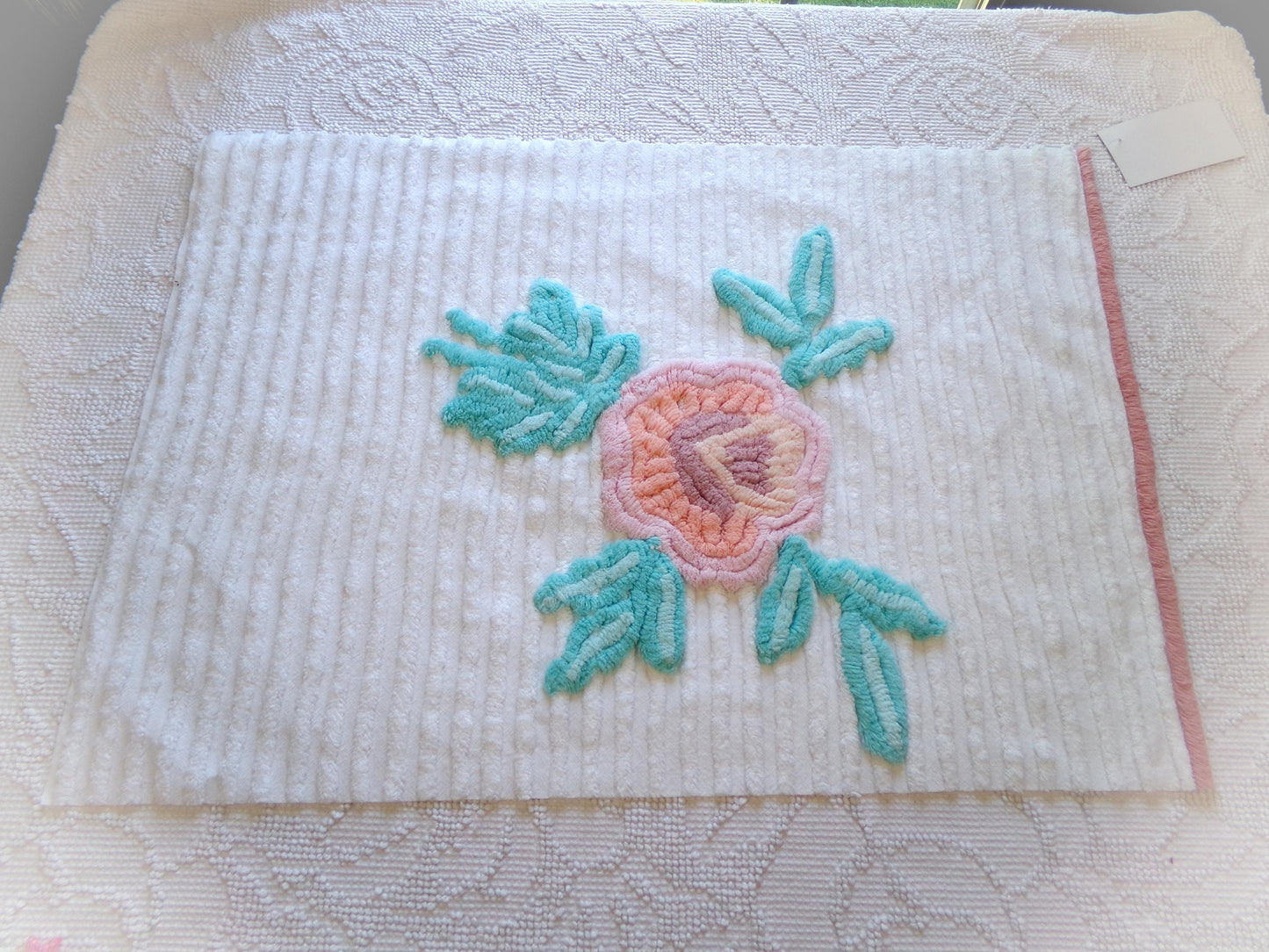 Vintage Chenille Fabric: Single Rose Cotton Sewing Material 23" x 16"
