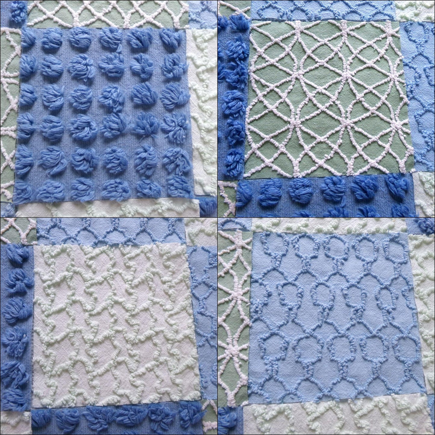 misty mermaid chenille fabric squares, 16 vintage 6" quilt blocks in coastal blue & green, for sewing, crafts, fiber arts