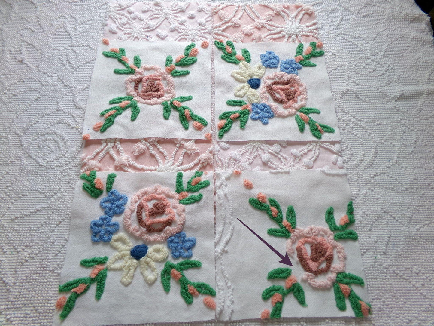 shabby fantasy florals chenille fabric squares, set of 8 vintage 7.5" quilt blocks, pink & white wildflowers for sewing, crafts, quilting