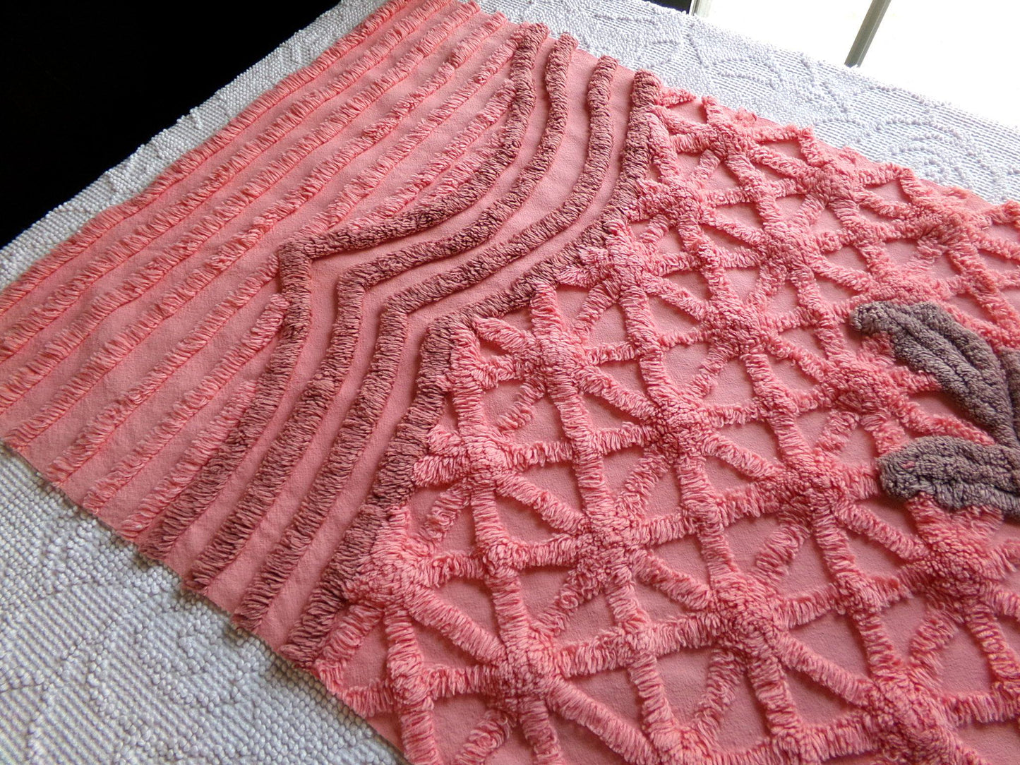 peach twinkles vintage chenille fabric panel in shabby starburst pattern, pretty sewing material for quilts & pillows, 30" x 17" inch piece