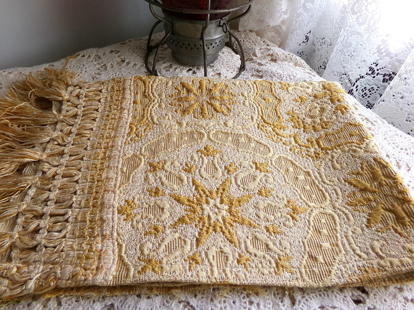 celestial gold matelasse woven tapestry fabric, silky shimmer fringe, 18" x 23" inch piece of vintage luxury sewing material