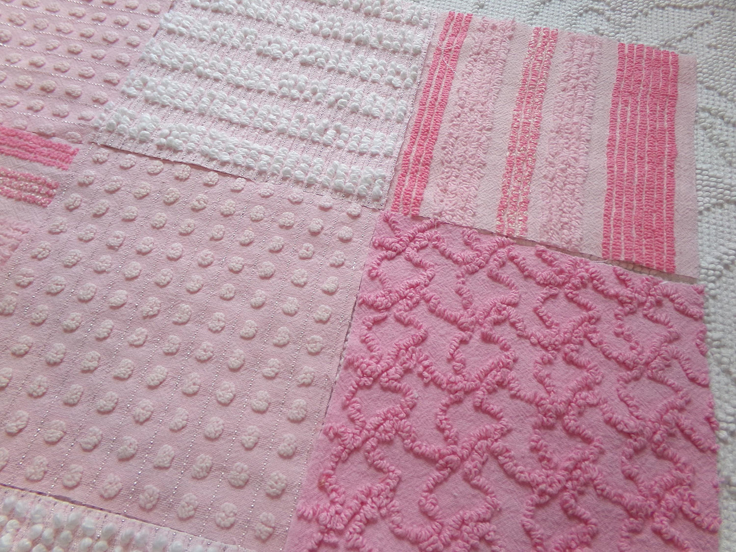 partytime pinks vintage chenille fabric squares, set of 16 fun 6" quilt blocks for quilting, sewing, crafts