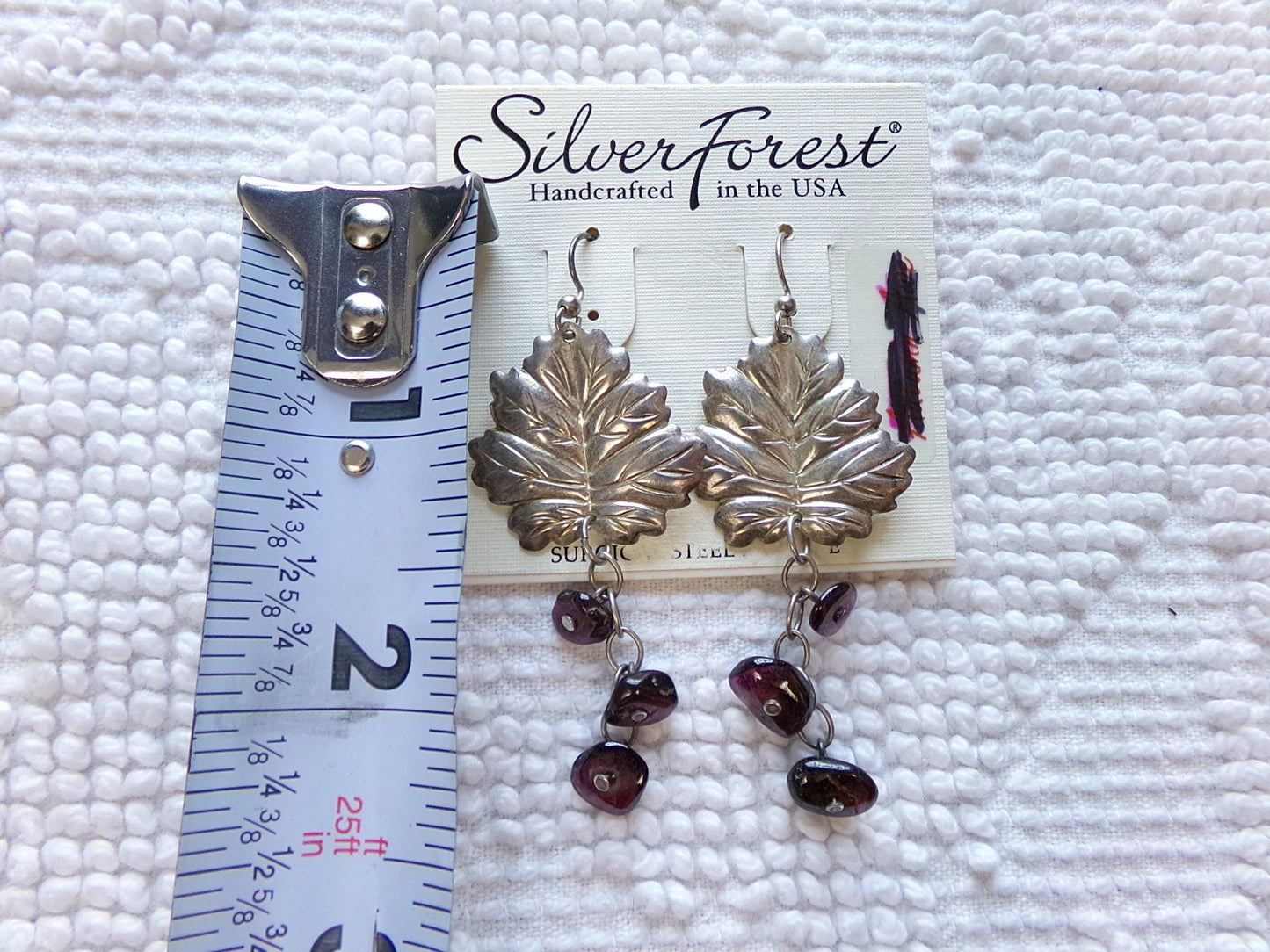 Vintage Lot Boho Earrings, 2 Pair Silver Forest Silvertone Pierced Dangle Earring, maple leaf & beads, small hoops w/ dangling feathers