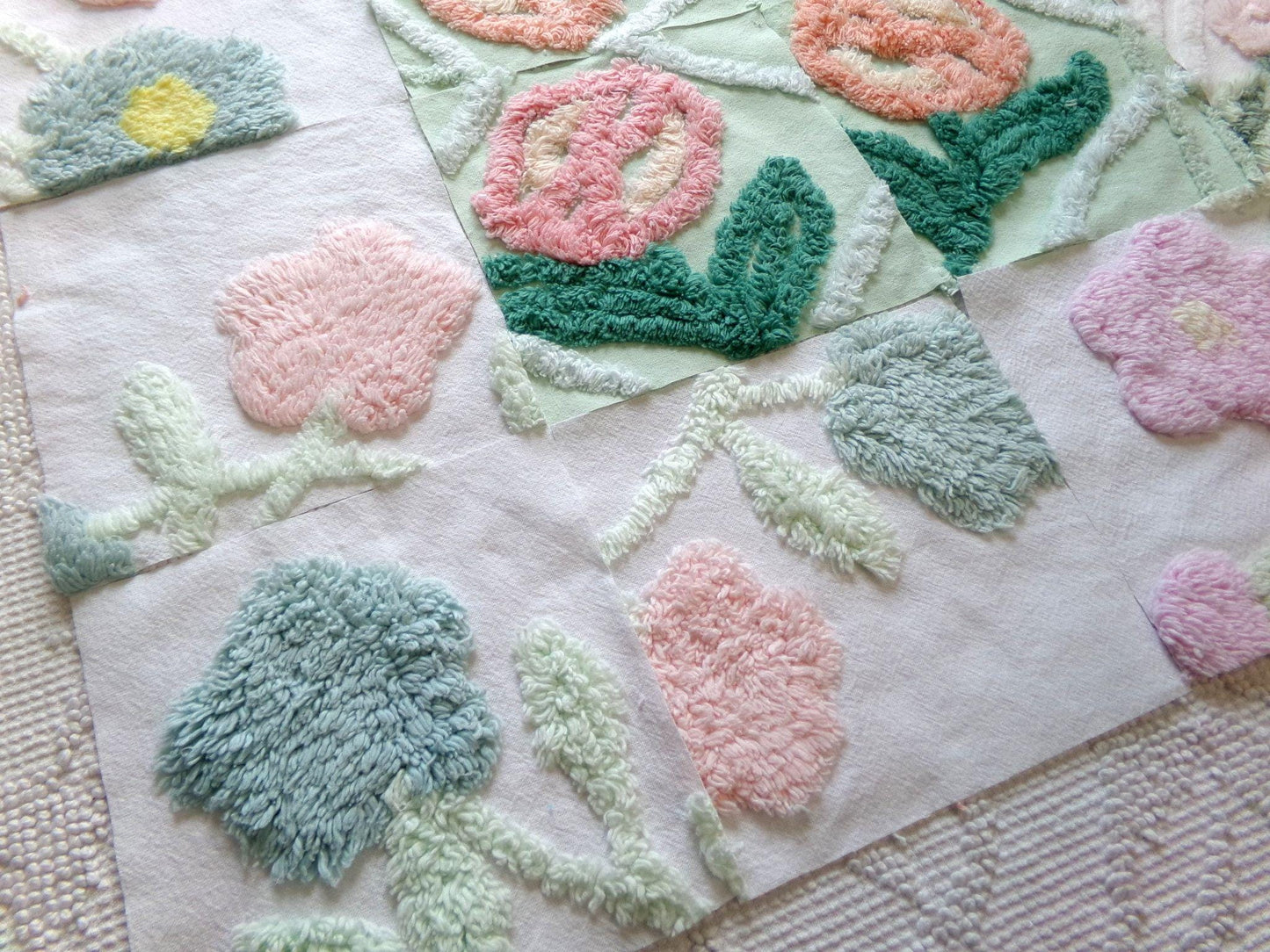 blooms chenille fabric squares, set of 16 lovely vintage floral 6" craft blocks, for quilt inlays, pillows, fiber arts