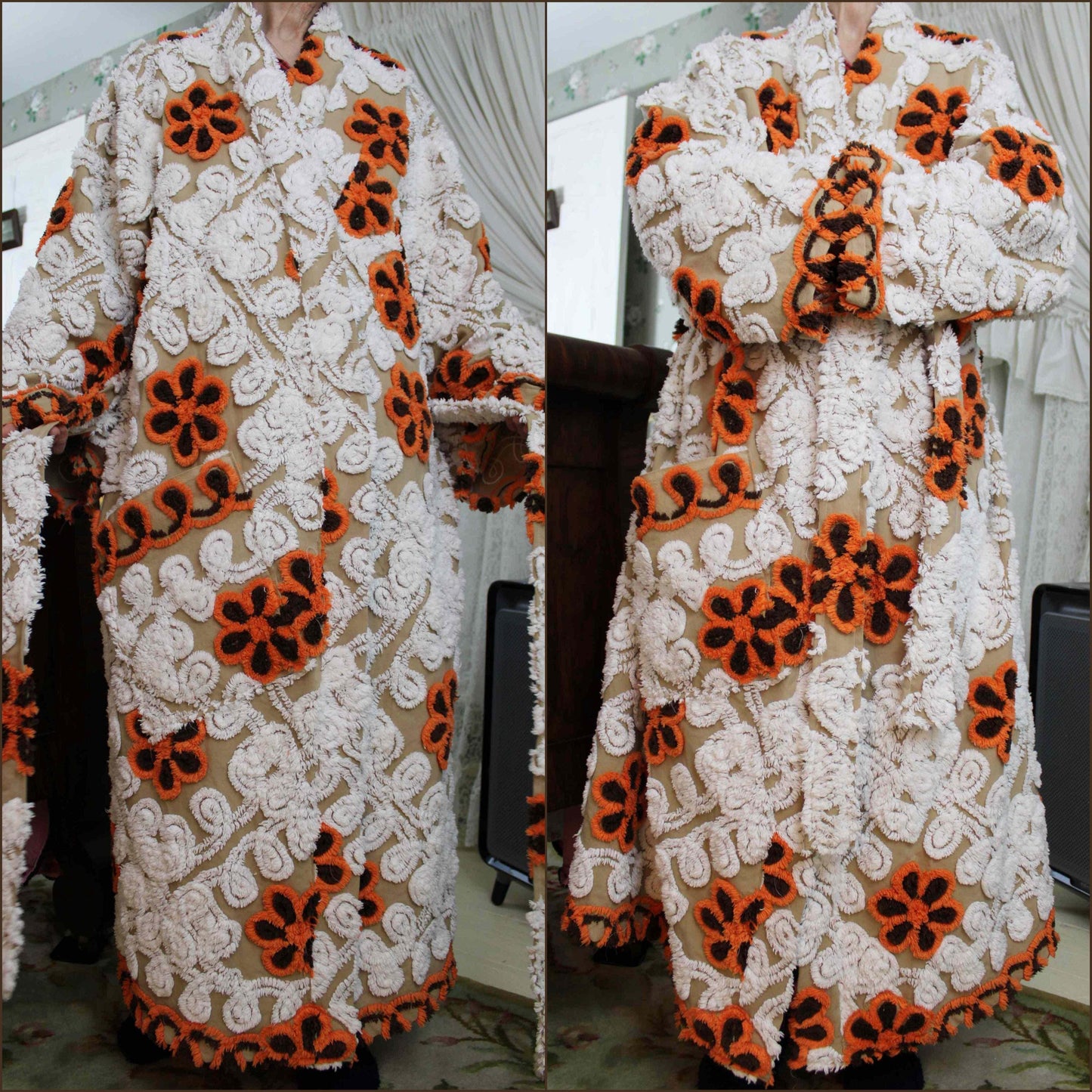 Unisex Kimono Style Chenille Robe, PUMPKIN SPICE Plush Bathrobe Upcycled from Vintage Chenille Bedspread in Creamy Mocha Swirl, Sz XL 1X