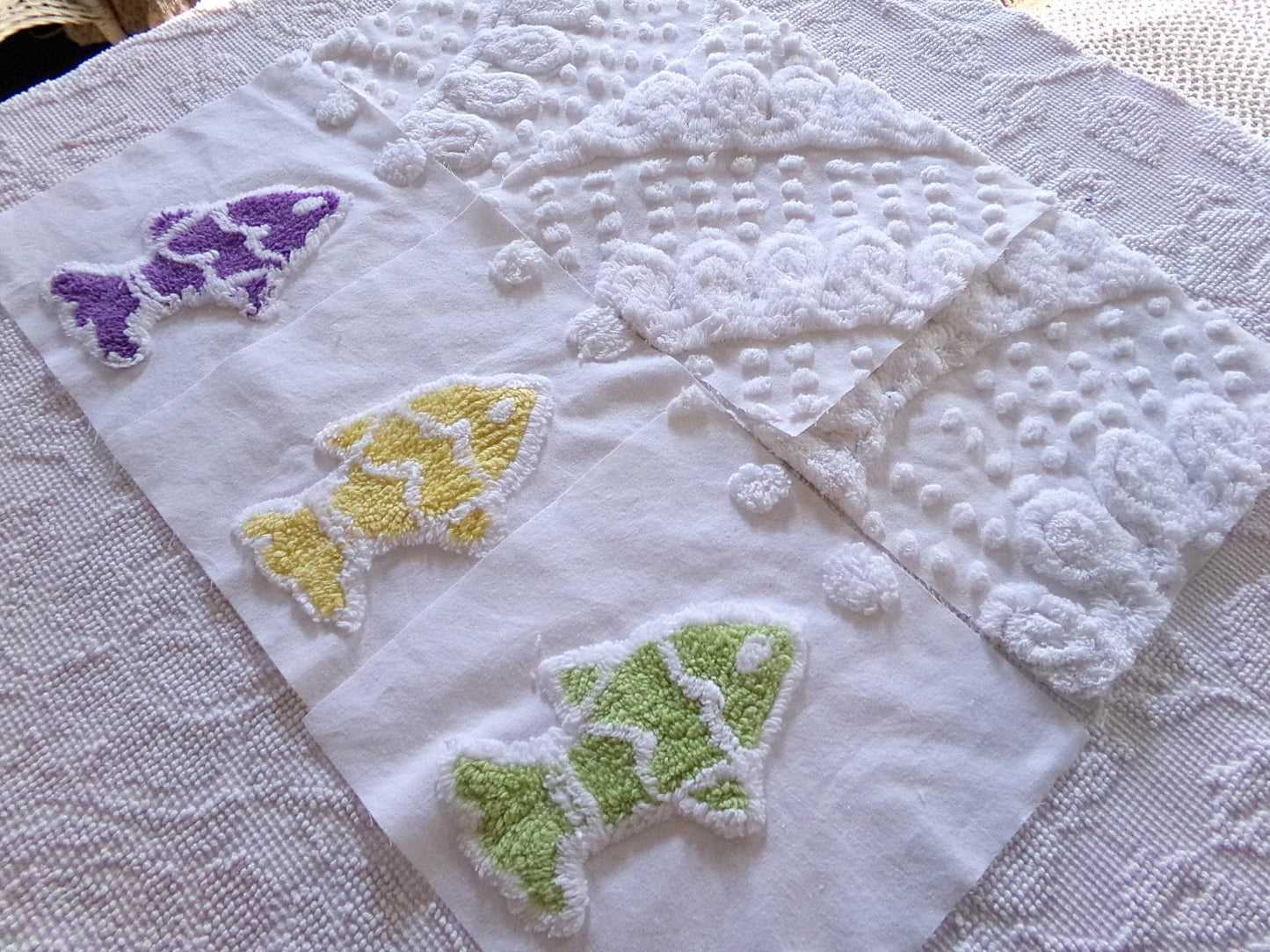 school of fish chenille fabric squares, set of 6 large 9.5" square quilt blocks, fun fishies & plush white swirl dots