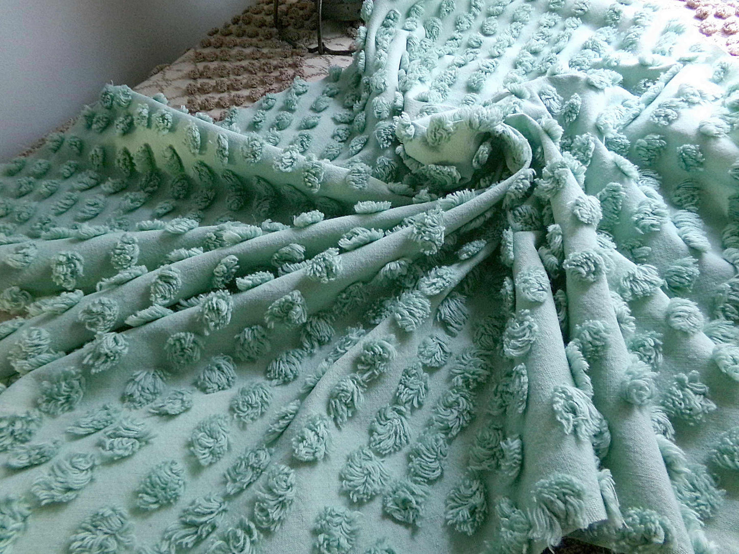 Vintage "Money Tree Green" Chenille Fabric, 20" x 25" inch Piece, Cute Puffy Dots, Great for Handmade Quilts, Crafts
