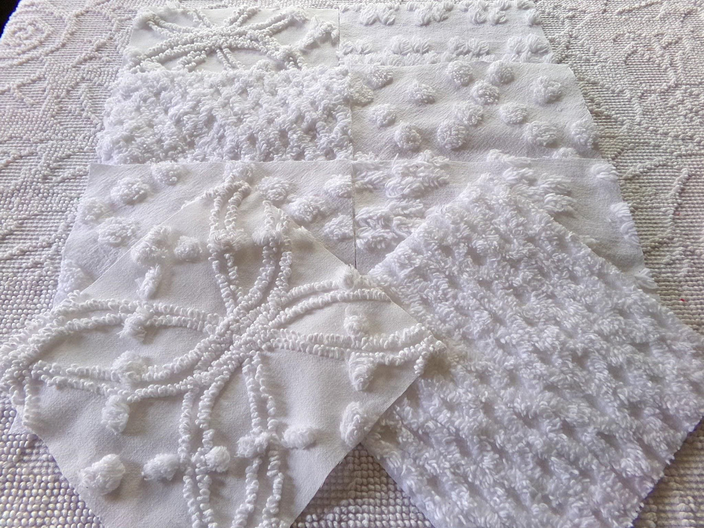 farmhouse style white chenille fabric squares, 7.5" vintage quilt blocks, set of 8 for sewing, crafts & quilting
