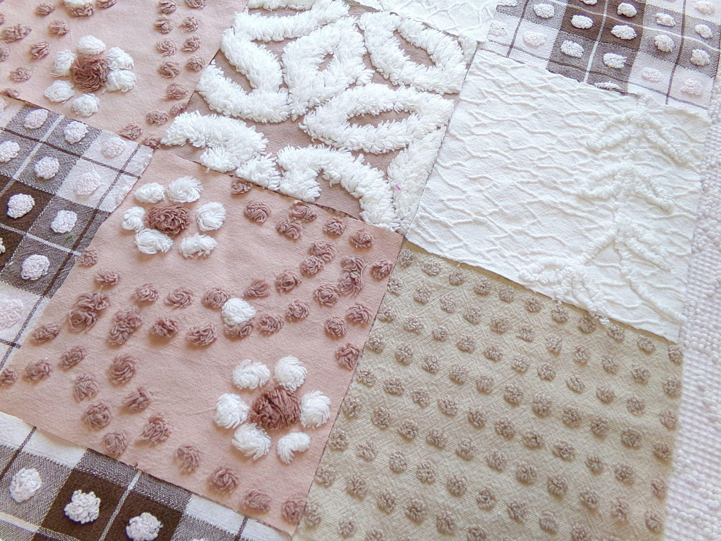 vintage 6" chenille squares, "boho girl" set of 16 quilt blocks, rotary cut from vintage chenille & matelasse bedspread fabrics