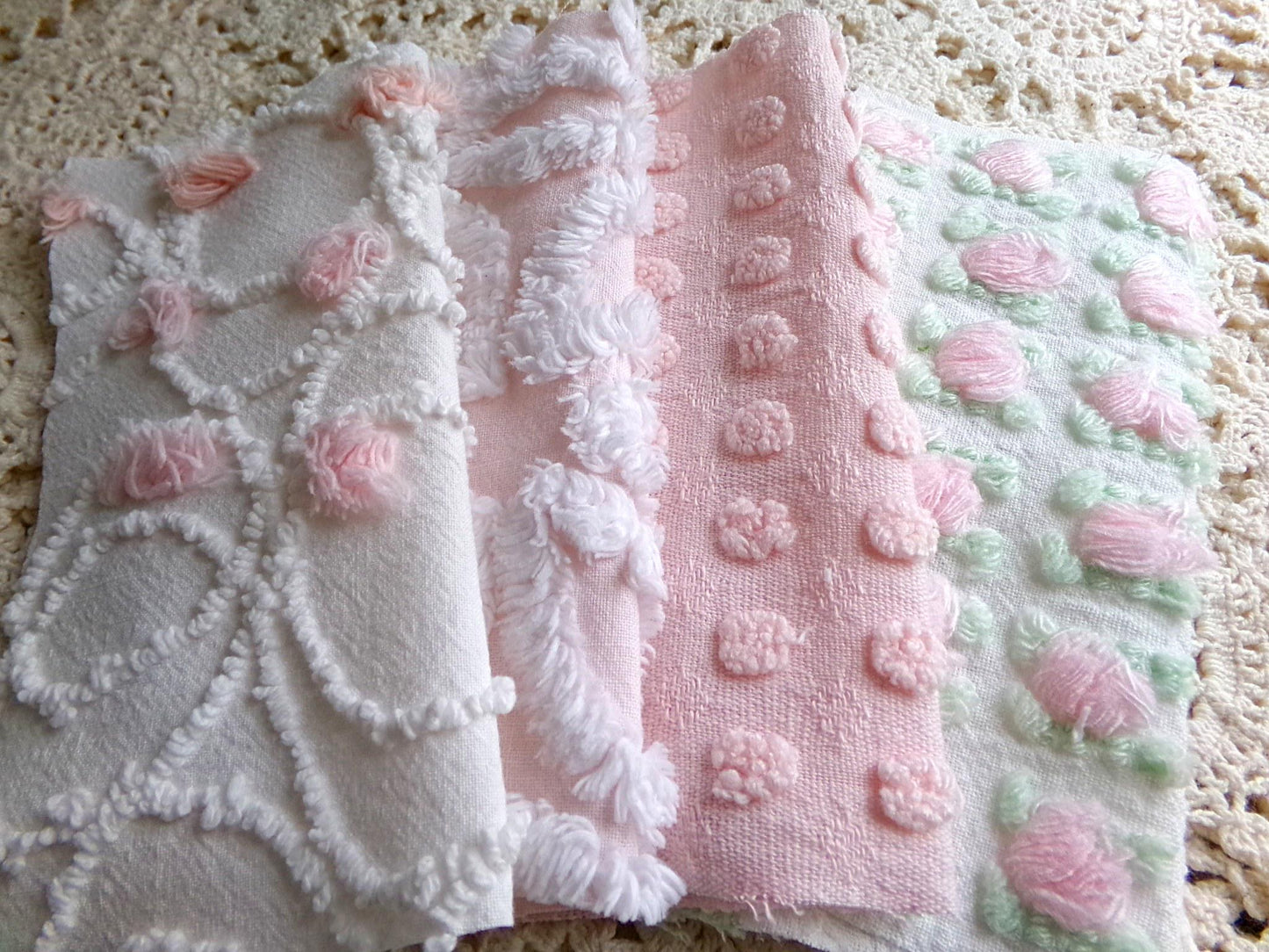 cottage garden chenille fabric squares, vintage craft square set of 17 quilt blocks, 6" x 6" inch, ideal in handmade chenille quilts, crafts