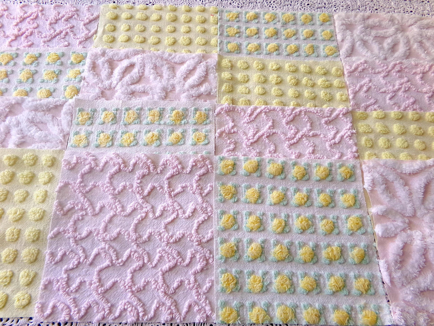 Spring Dance Chenille Quilt Squares, Cheerful Craft Square Set from Vintage Bedspread Fabric, 16 Blocks, 6" x 6" inch, Pink & Yellow