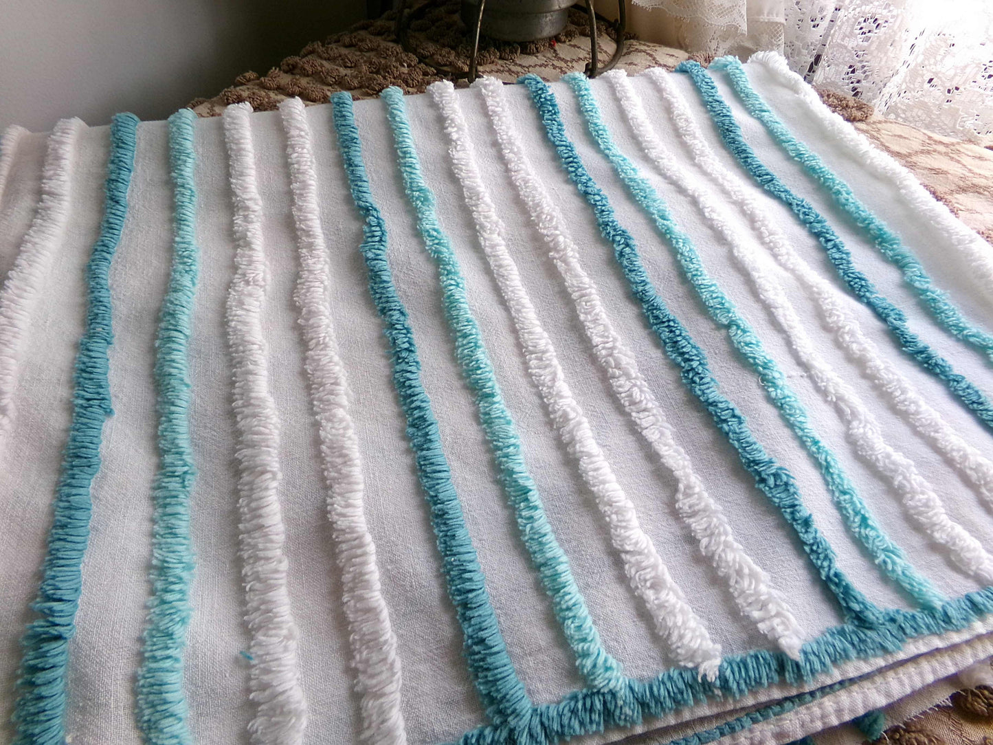 Cute Green Bows Vintage Chenille Fabric, 22" x 28" inch Piece, 100% Cotton, Midcentury Tonal Teal & White