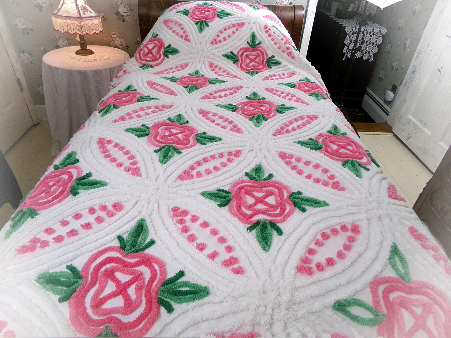 princess pink rose vintage chenille bedspread, cabbage roses on white with pom pom trim, 100% cotton full size cottage bedding