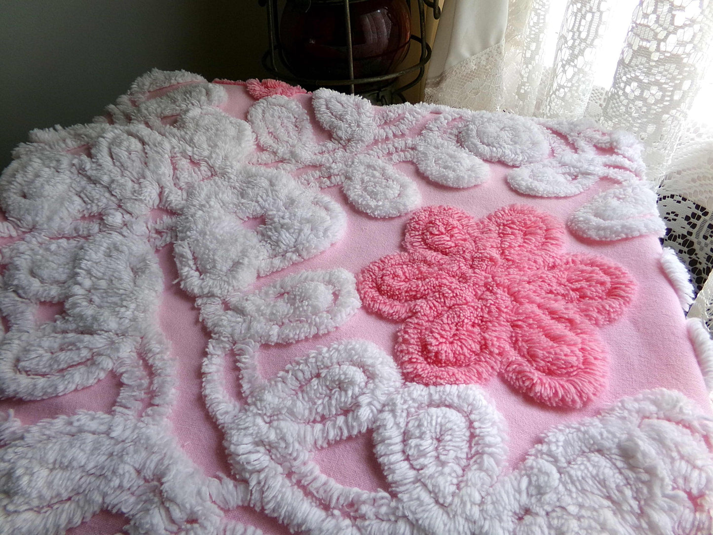 cupcake frosting pink chenille fabric, plush floral curlicue swirls, 22" x 25" inch piece of vintage material for sewing pillows & quilts
