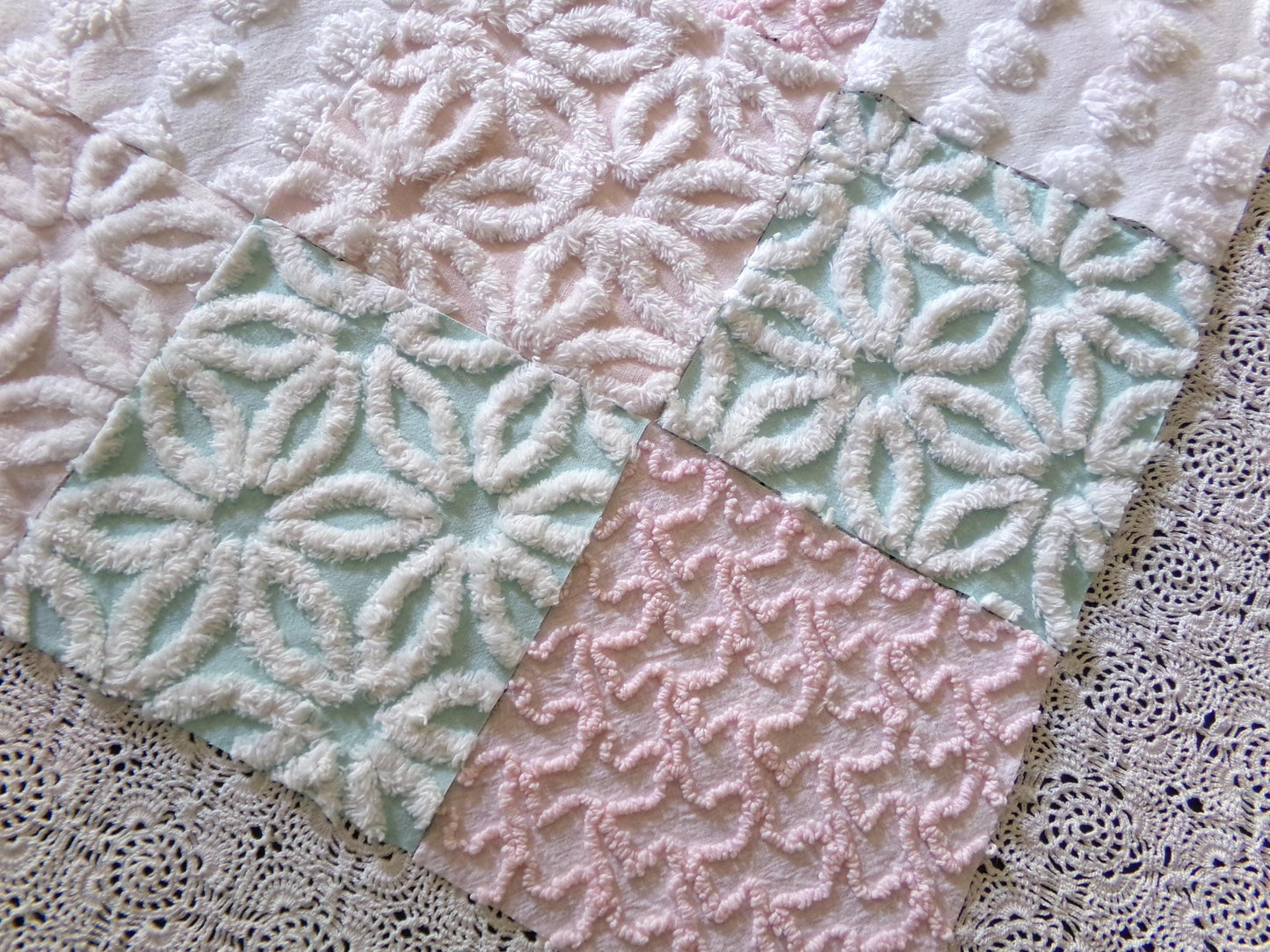 Beautiful Aqua & Pink Chenille Quilt Squares Set from Vintage Bedspread Fabric, 16 Blocks, 6" x 6" inch, Daisy, Squiggle, Polka Dot Patterns