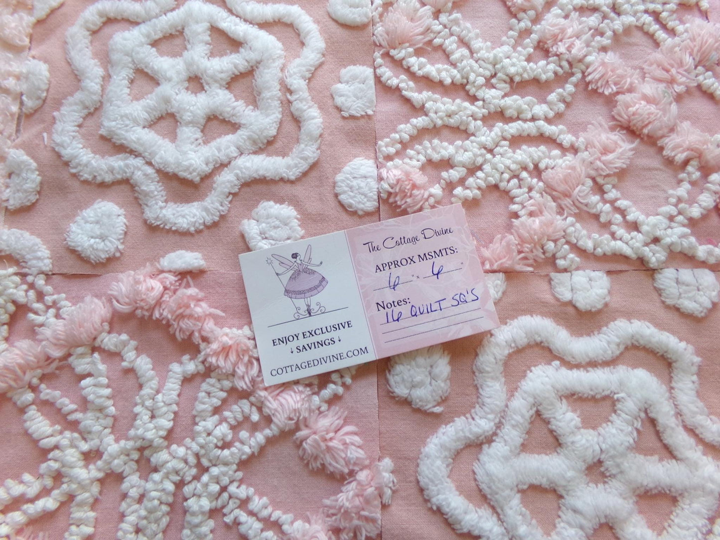 feminine glow vintage 6" chenille squares, set of 16 quilt blocks, rotary cut from pink & peach vintage chenille bedspread fabrics