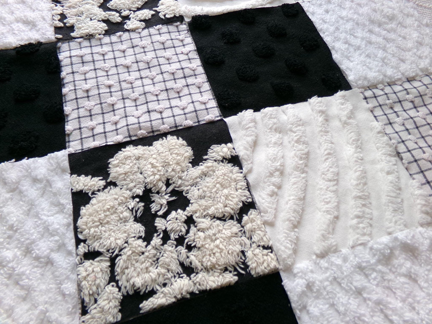 trendy tuxedo b&w chenille fabric squares, set of 16 vintage black and white quilt blocks 6" ea, great textures for crafts, quilting