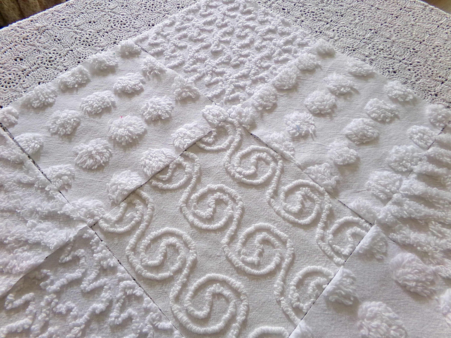 serene snowfall vintage chenille fabric squares, set of 16 white 6" quilt blocks, upcycle in handmade quilts, sewing projects