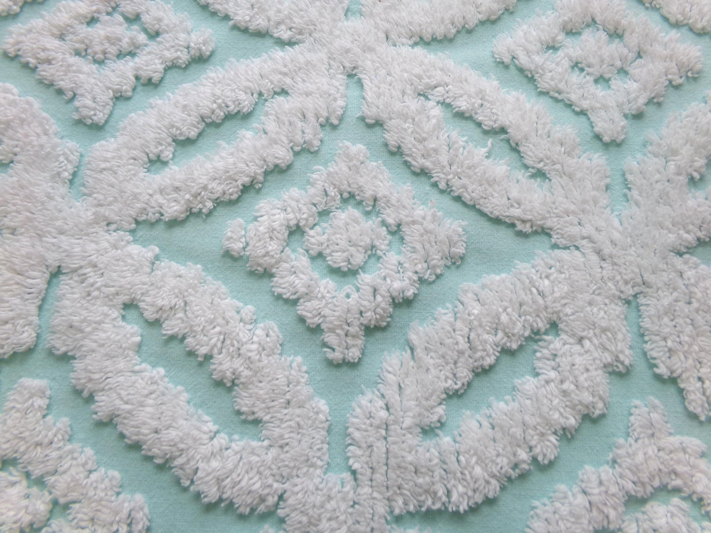 vintage aqua chenille fabric, white petals geometric design, 20" x 24" piece of sewing material
