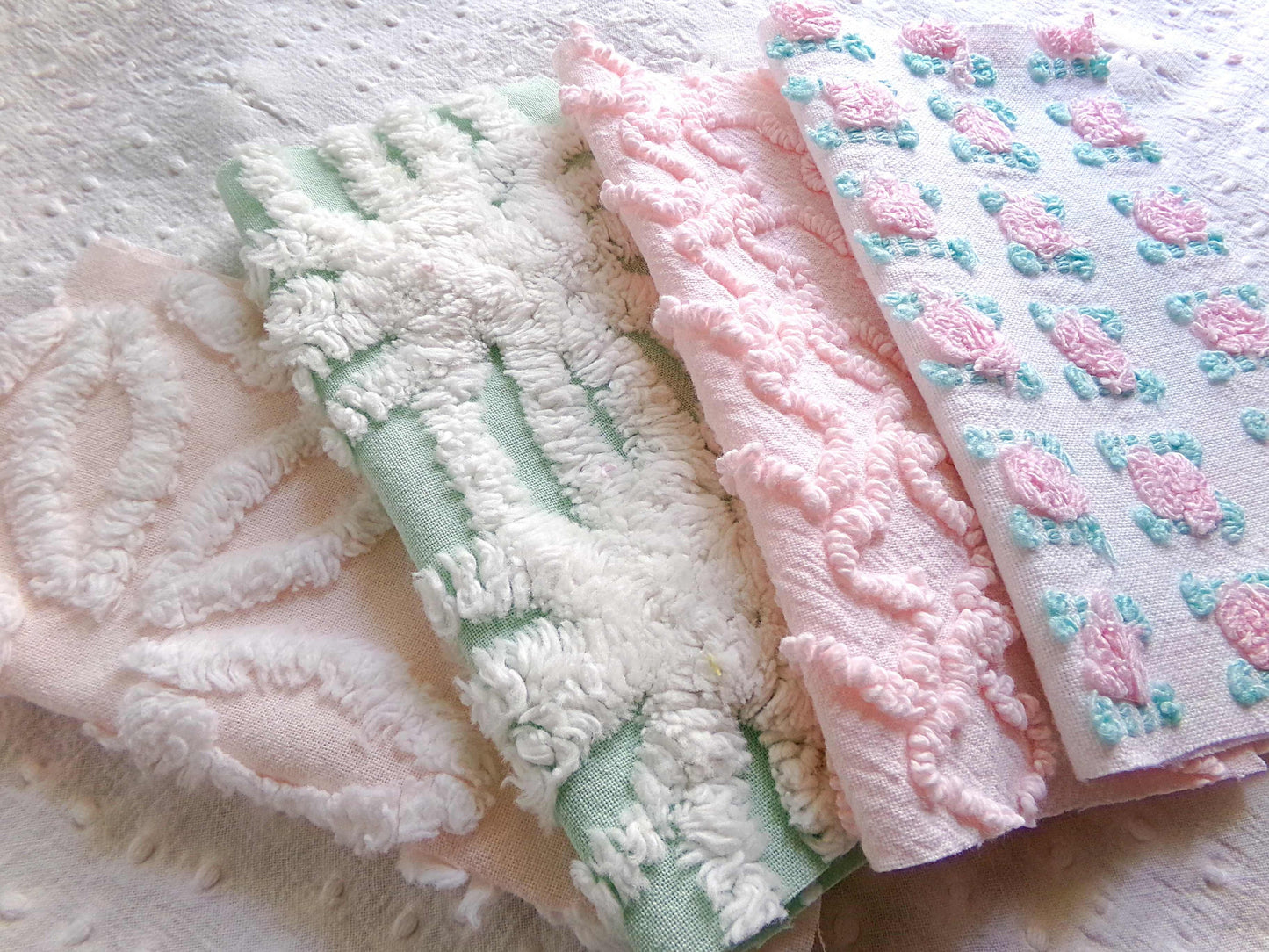 Chenille Squares Set, "Flower Petals," 16 Vintage Fabric Quilt Blocks, 6" inch in White Daisy, Pink Rosebud, Mint Green, Squiggles