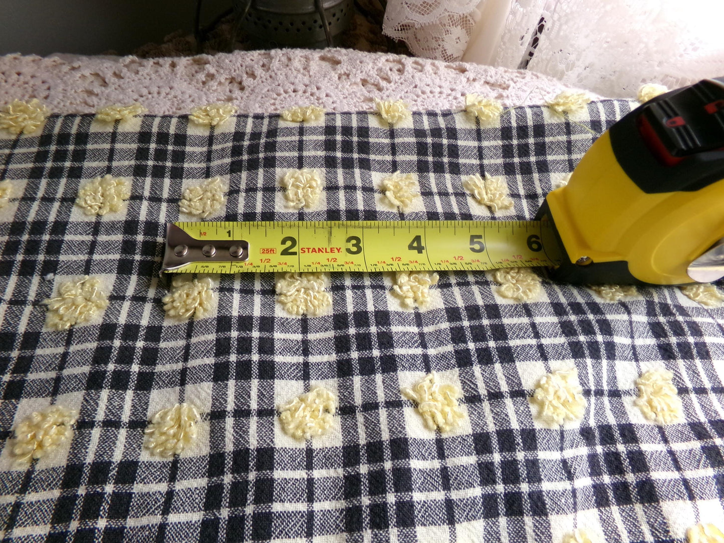 unique black plaid vintage chenille fabric, 18" x 24" piece of sewing material w/ yellow pops