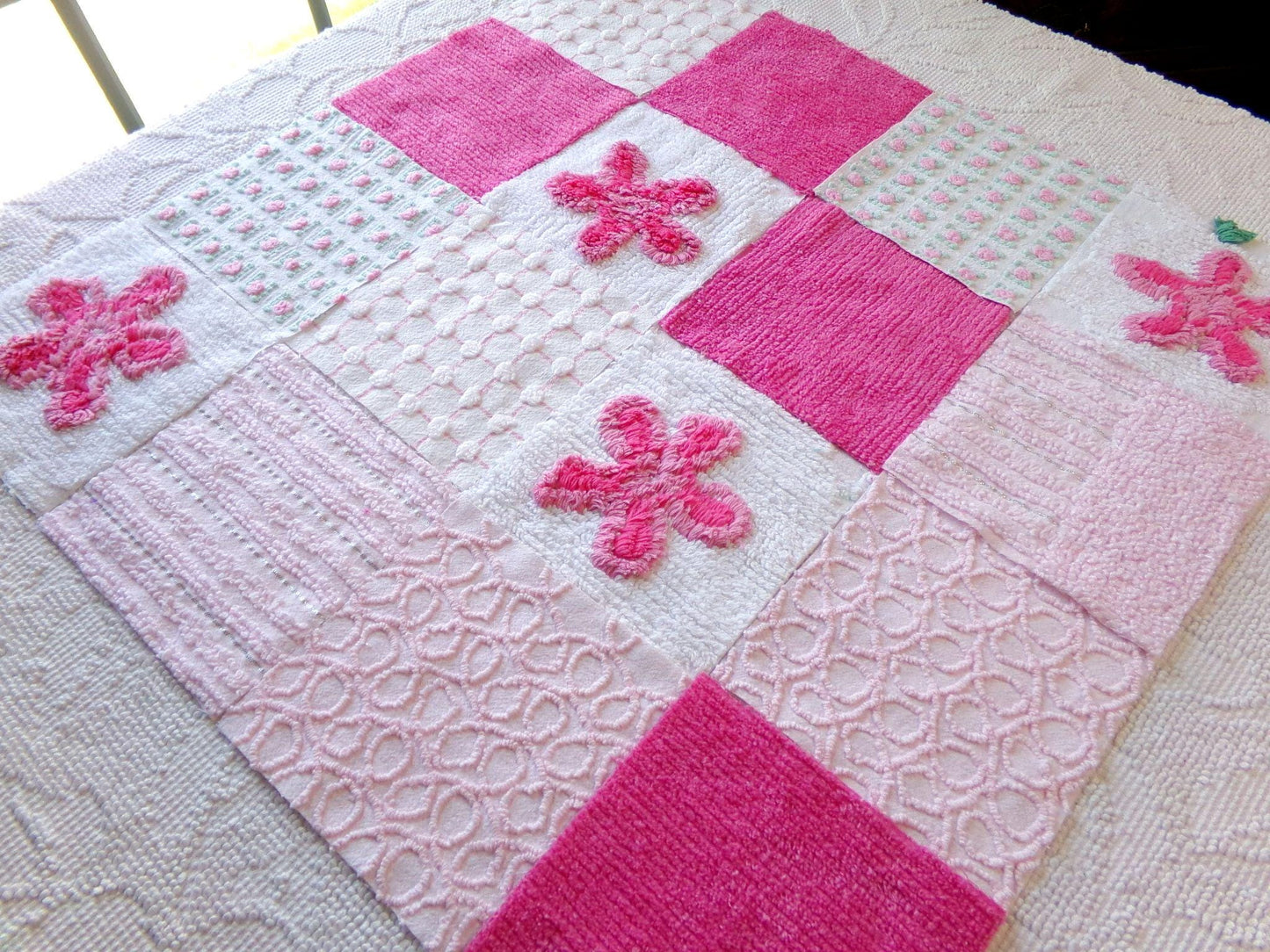 fun pink vintage chenille fabric squares, set of 16 quilt blocks 6" each geometric & flowers for crafts, sewing
