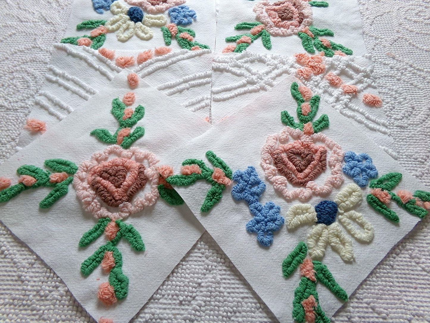 cottage chic chenille fabric squares, set of 8 vintage 7.5" quilt blocks, peach, white rose floral & geometric for sewing, crafts, quilting