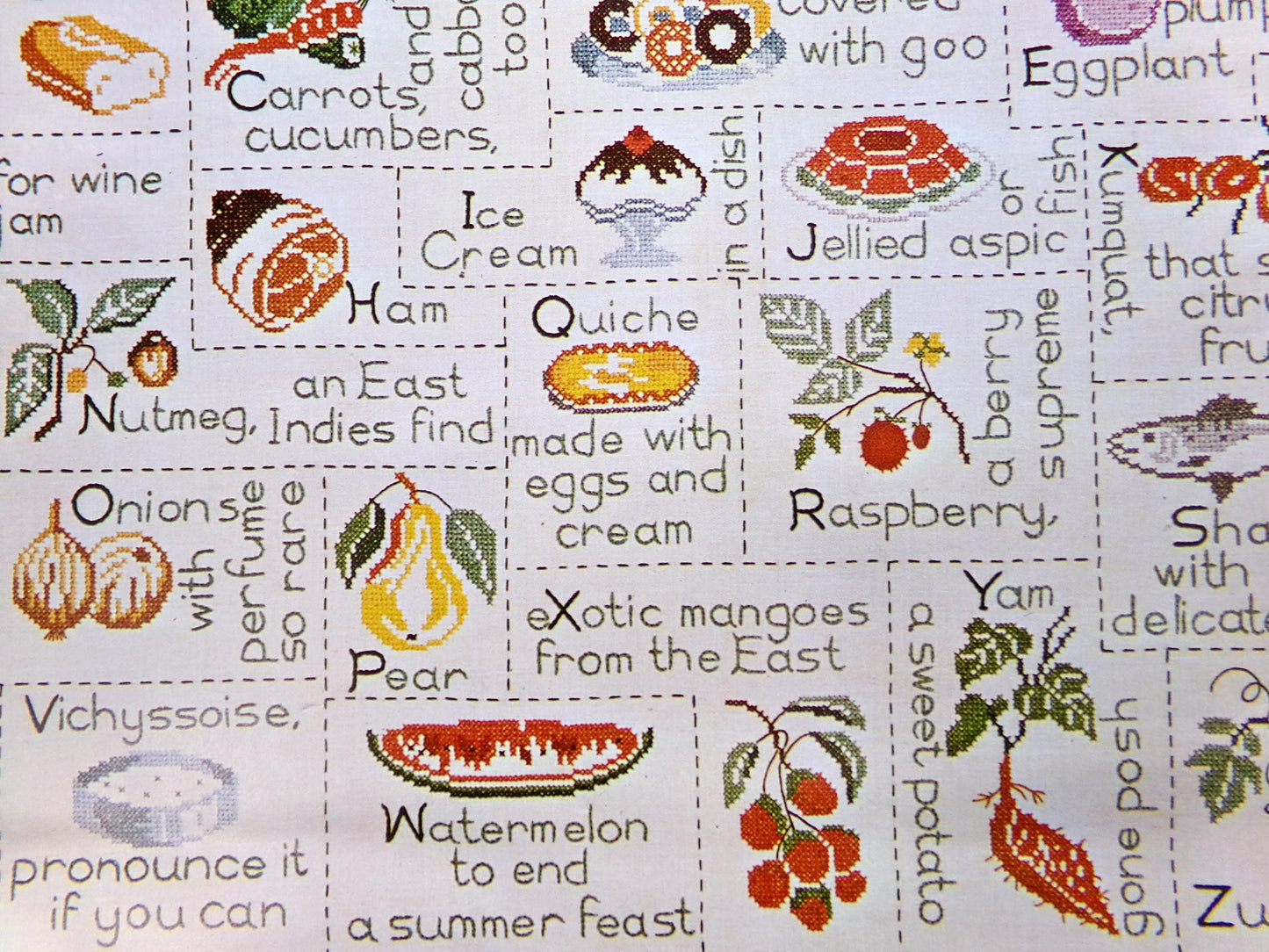 Fun Foodie GOURMET ALPHABET SAMPLER, Vintage Paragon Needlecraft Kitschy Kitchen Embroidery Stitchery Kit #0653, Large Size