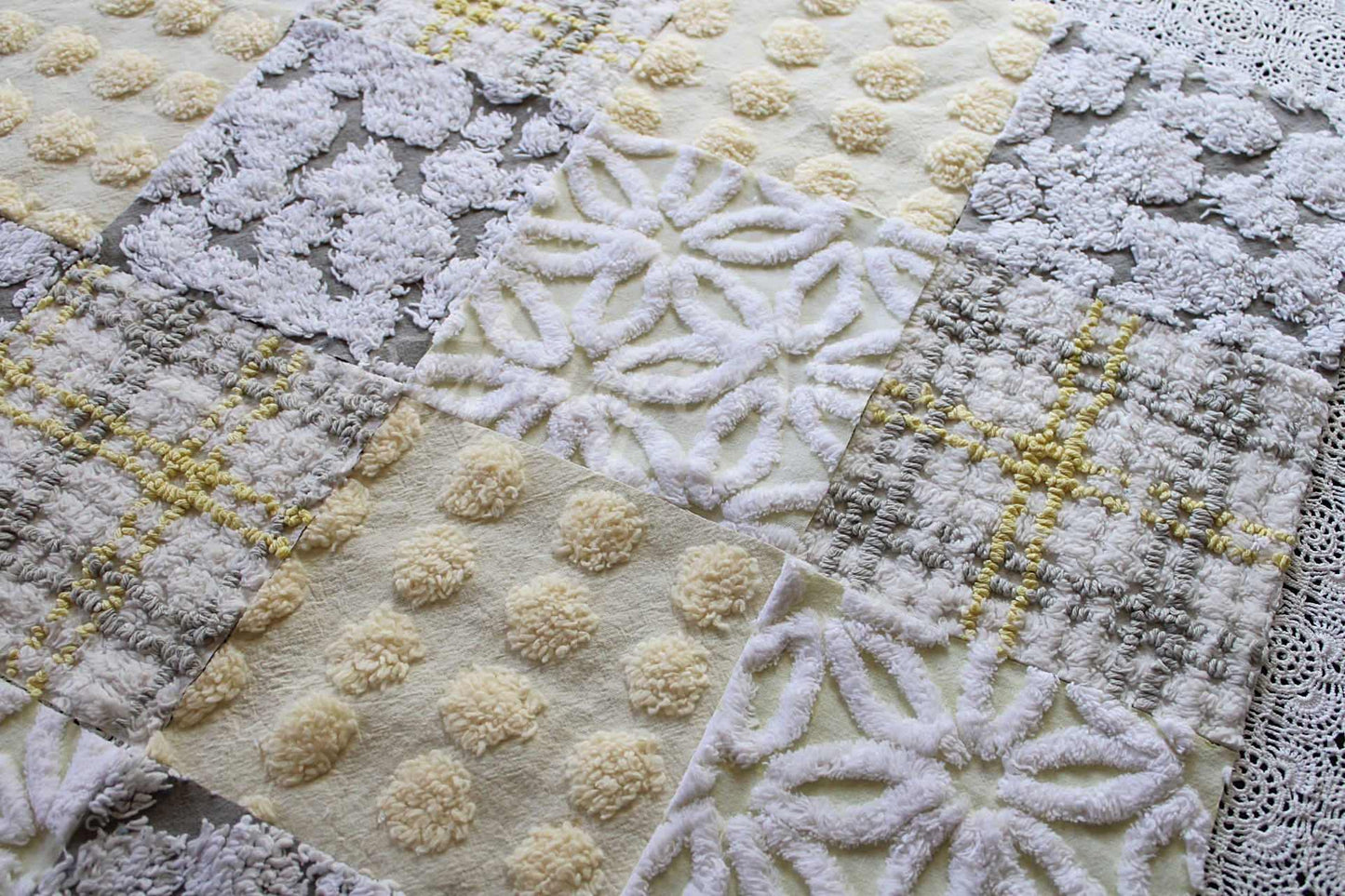 Sunshine & Clouds Chenille Quilt Squares Set, Rotary Cut from Vintage Chenille Bedspread Fabric, 16 Blocks, 6" x 6" inch each