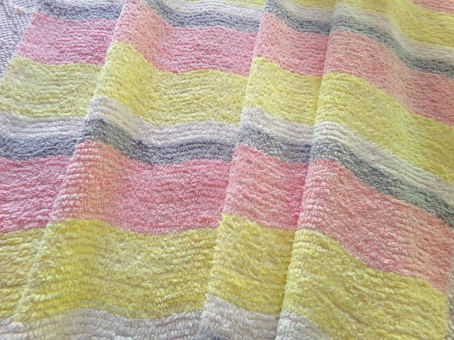 soft cozy striped chenille fabric, vintage 20" x 24" piece of lightweight sewing material in pink, yellow, white & grey ripple stripes