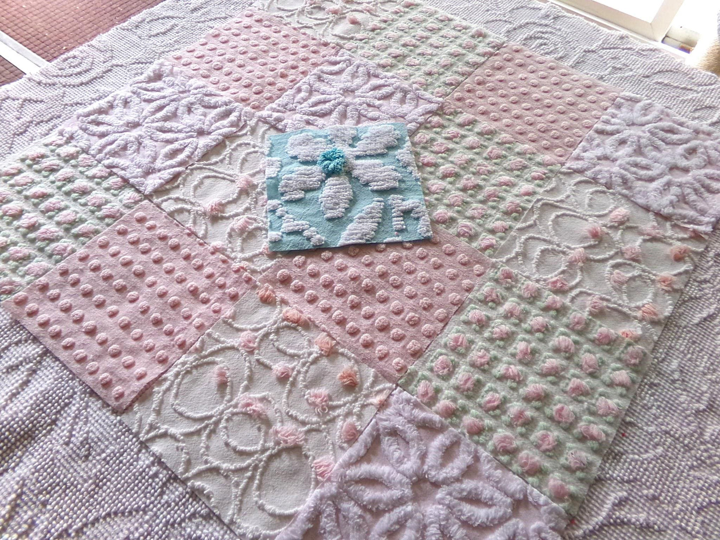 cottage garden chenille fabric squares, vintage craft square set of 17 quilt blocks, 6" x 6" inch, ideal in handmade chenille quilts, crafts