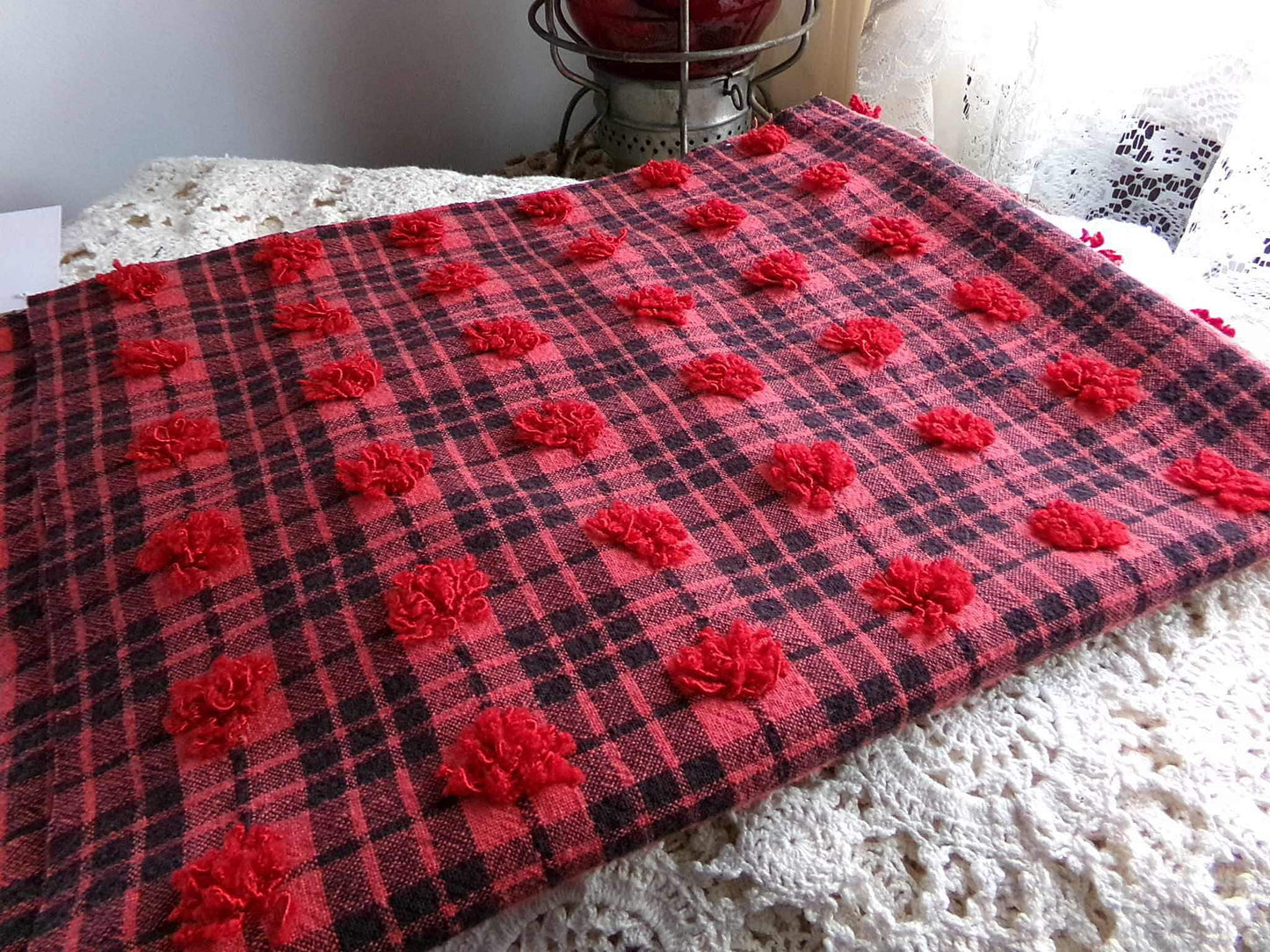Midnight Black Tartan Plaid Vintage Chenille Bedspread Fabric, Tufted Deep Red Dots, 19" x 26" inch Piece, Lightweight Quilt Material