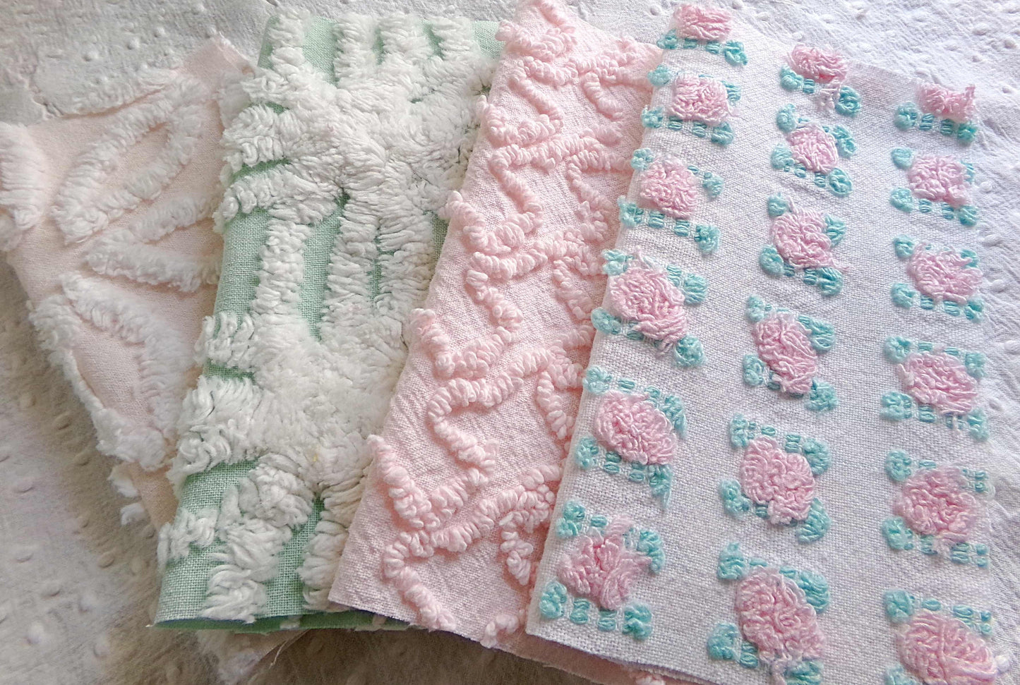 Chenille Squares Set, "Flower Petals," 16 Vintage Fabric Quilt Blocks, 6" inch in White Daisy, Pink Rosebud, Mint Green, Squiggles