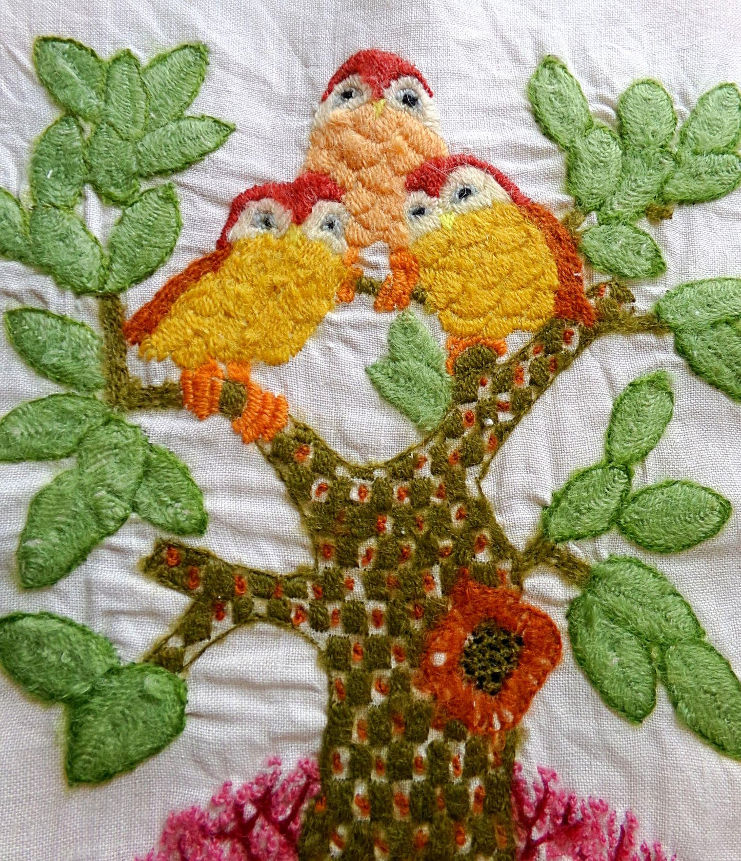 Hippie Fairytale Owl Embroidery Finished 1970s Piece, "Winkin, Blinkin & Nod," Cute Completed Paragon Crewel Stitchery 02236x, 16" x 19"