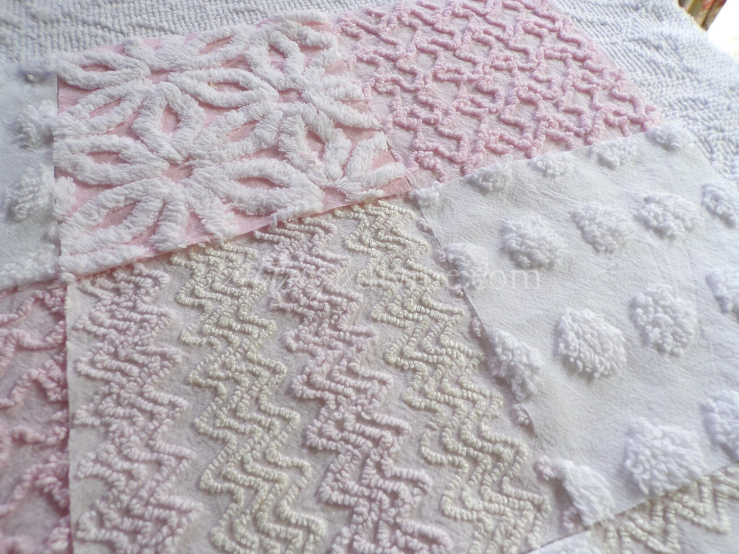 Dainty Pinks Chenille Quilt Squares Set from Vintage Bedspread Fabric, 16 Blocks, 6" x 6" inch