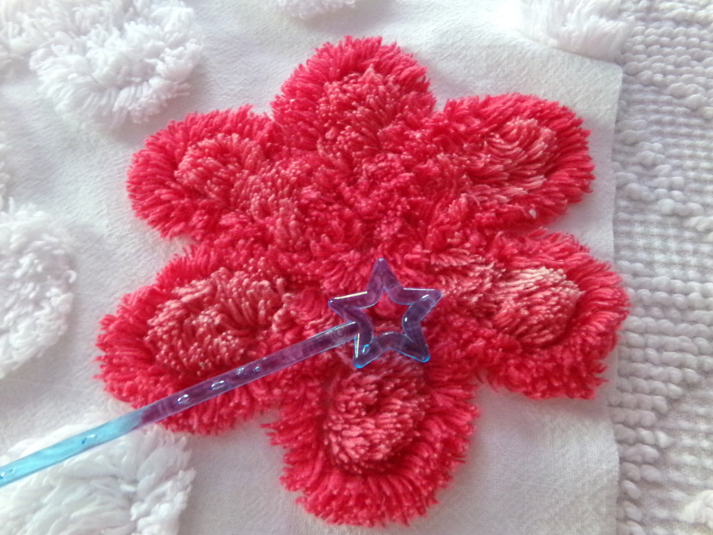 red roses in snow white vintage chenille fabric, 21" x 23" inch piece of shabby style sewing material for quilts & crafts