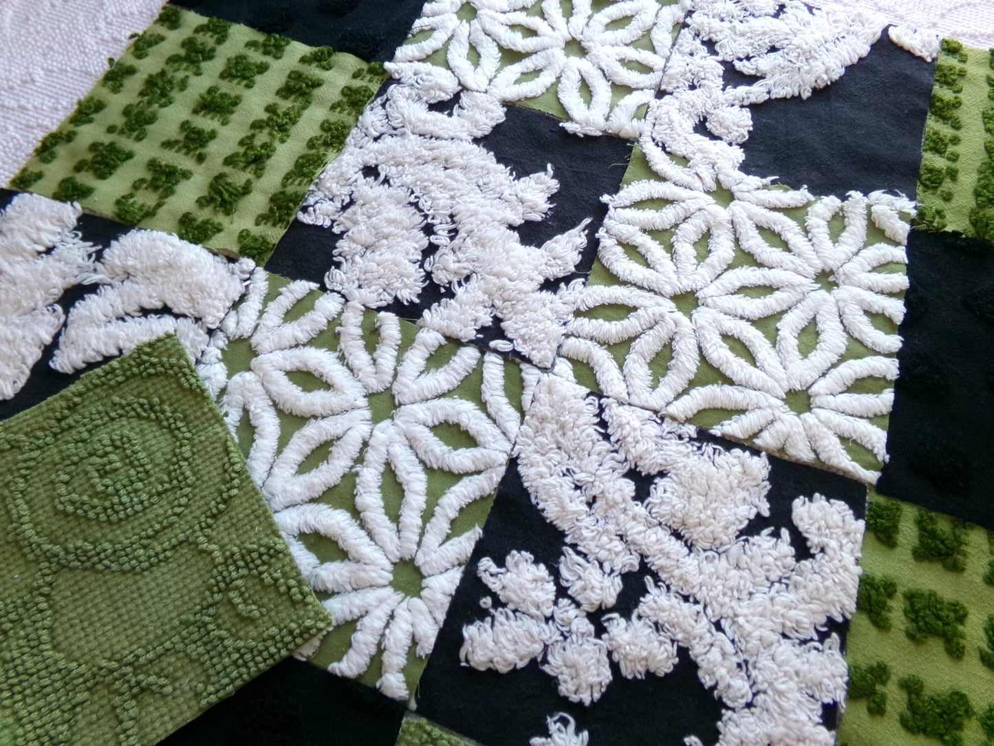 goblin green & black chenille fabric squares, set of 17 vintage boho quilt blocks for hippie style pillows, fiber arts