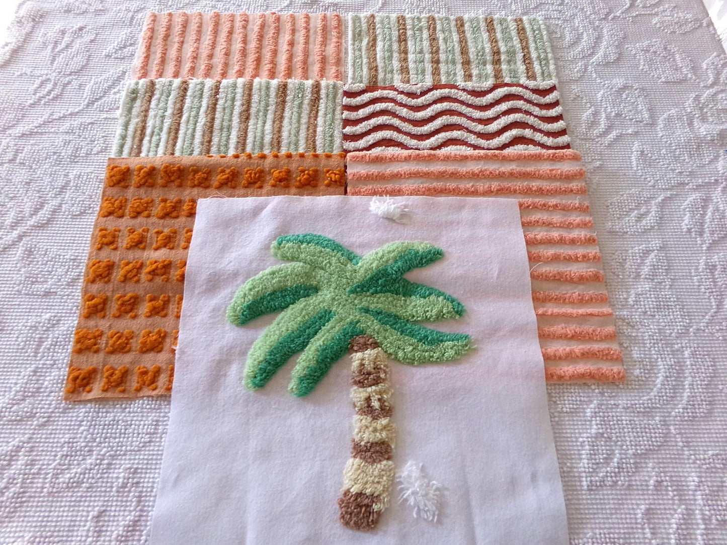chenille fabric squares, set of 6 large 9.5" square quilt blocks and 1 palm tree 12.5" square, tropical fun & great texture