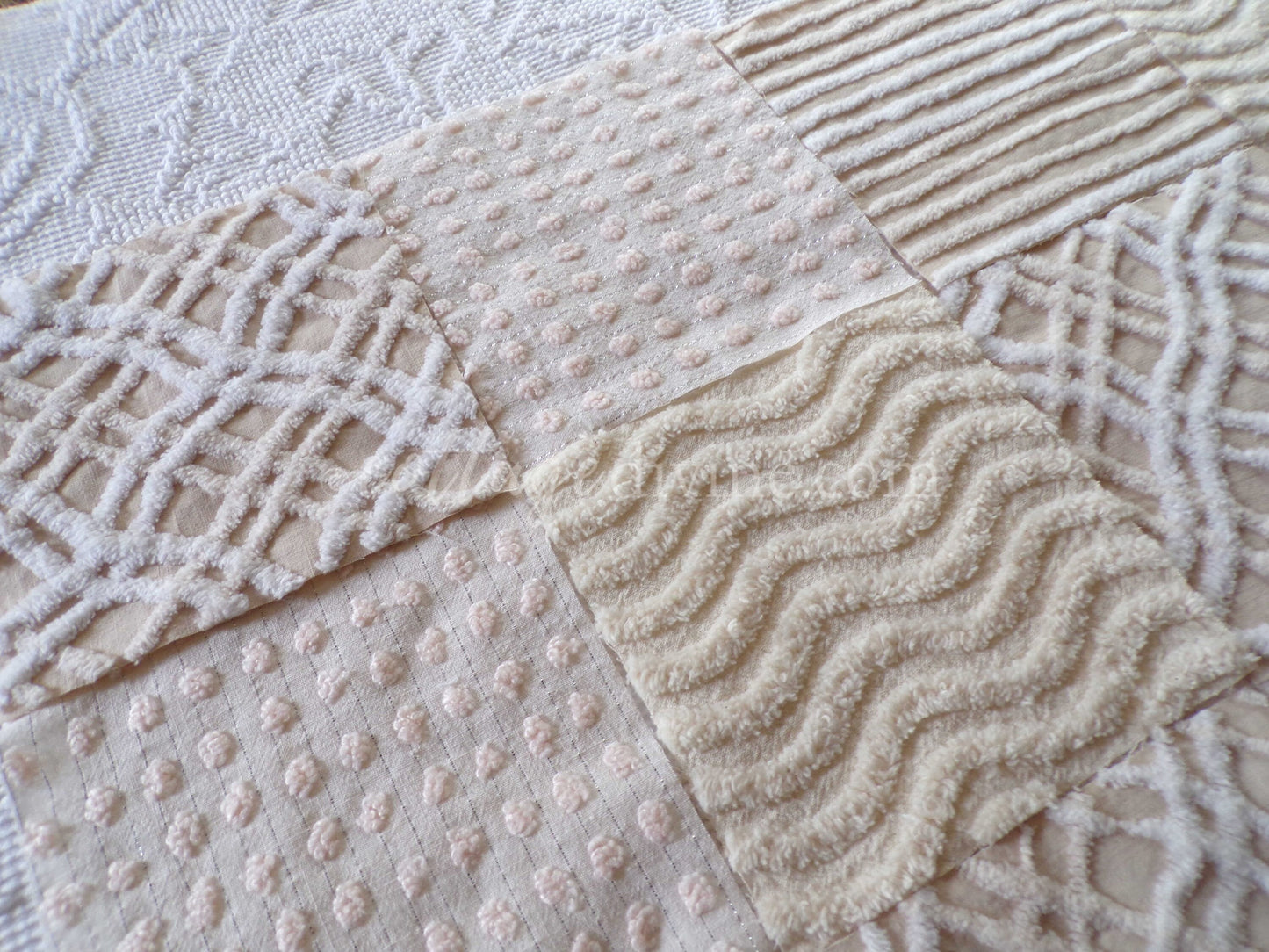 Cream Latte Quilt Squares Set from Vintage Chenille Bedspread Fabric, 16 Blocks, 6" x 6" inch, Neutral tones
