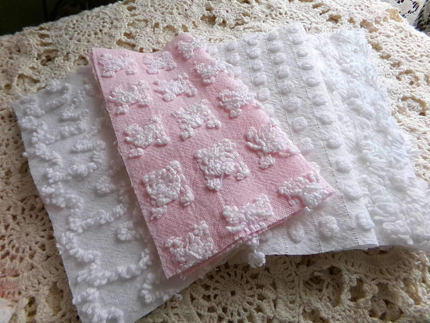 angel feathers chenille fabric squares, pink & white rosebud, lattice, dots, squiggles, vintage square set of 16 quilt blocks, 6" x 6" inch