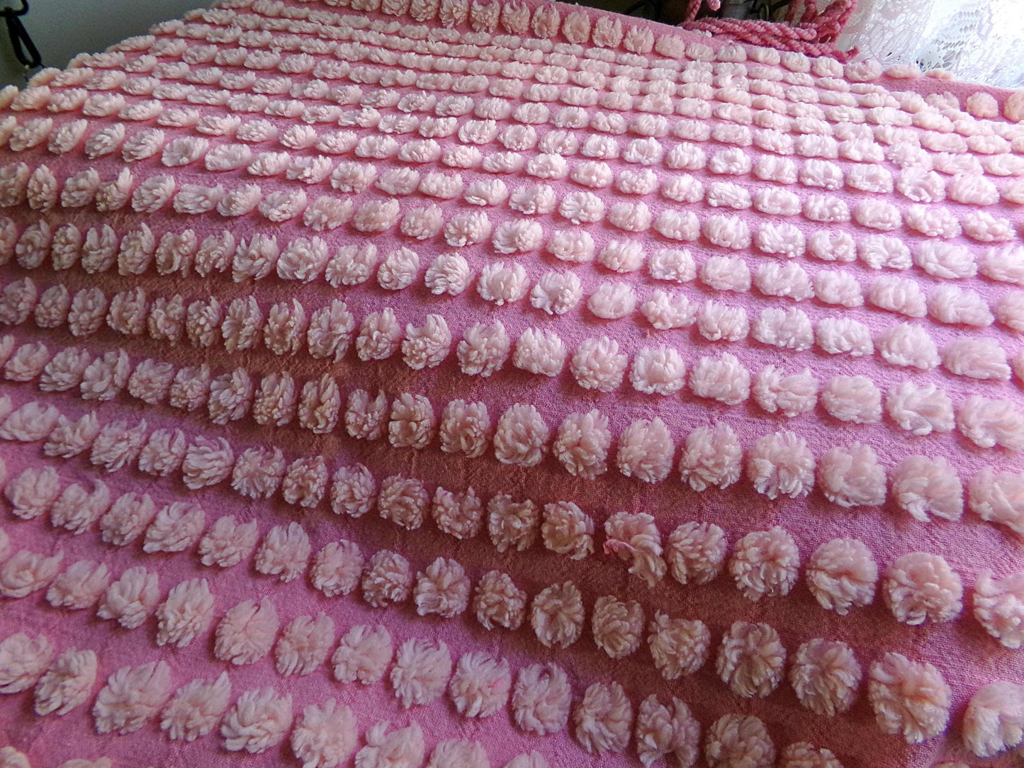 fluff puff pops chenille fabric, cute oversize bobbles on pink rose, 20" x 30" inch piece great for chenille quilts & sewing projects