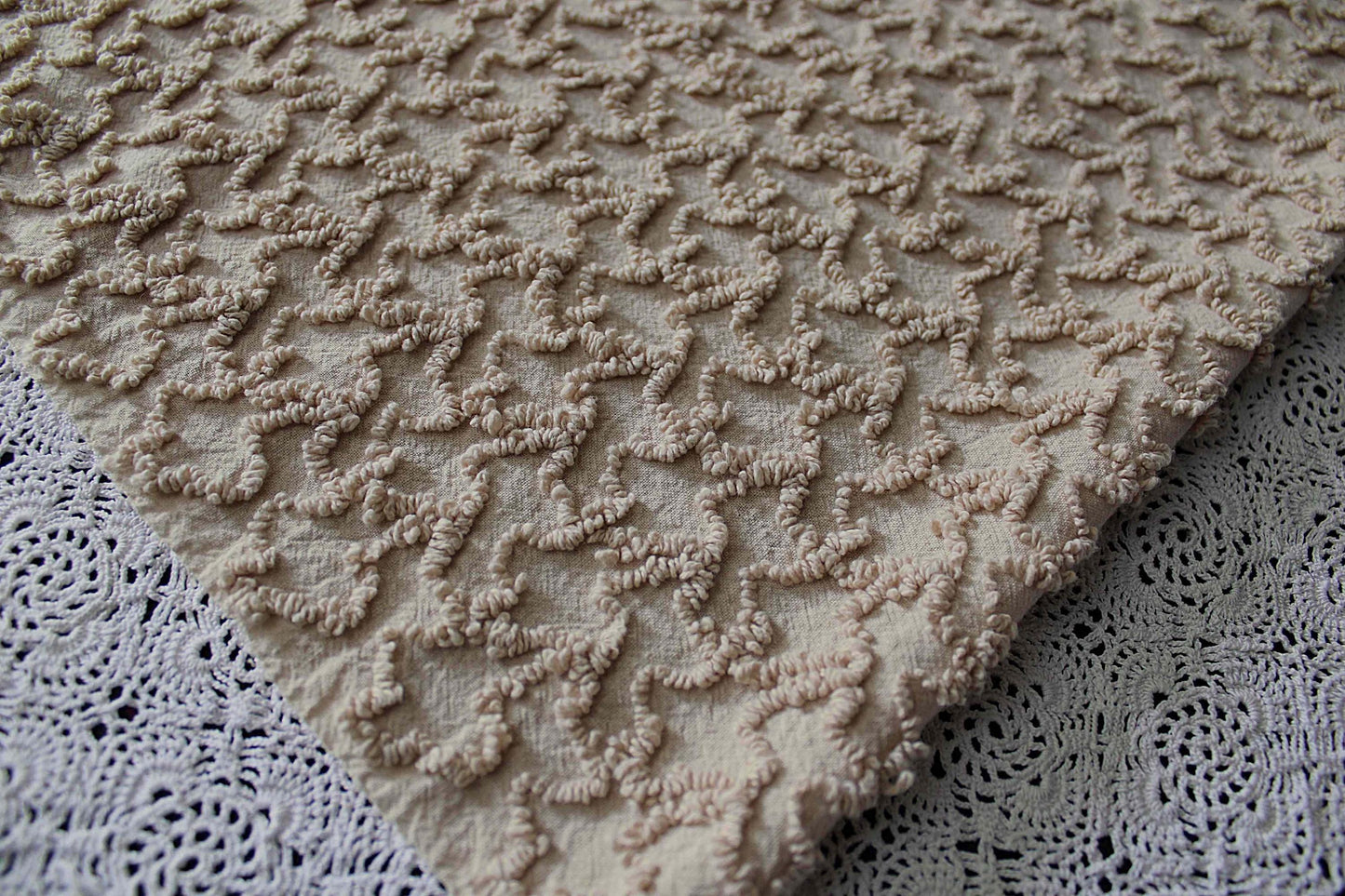 neutral vintage chenille fabric, sandy mocha texturized squiggles, 20" x 24" inch piece, 100% lightweight cotton