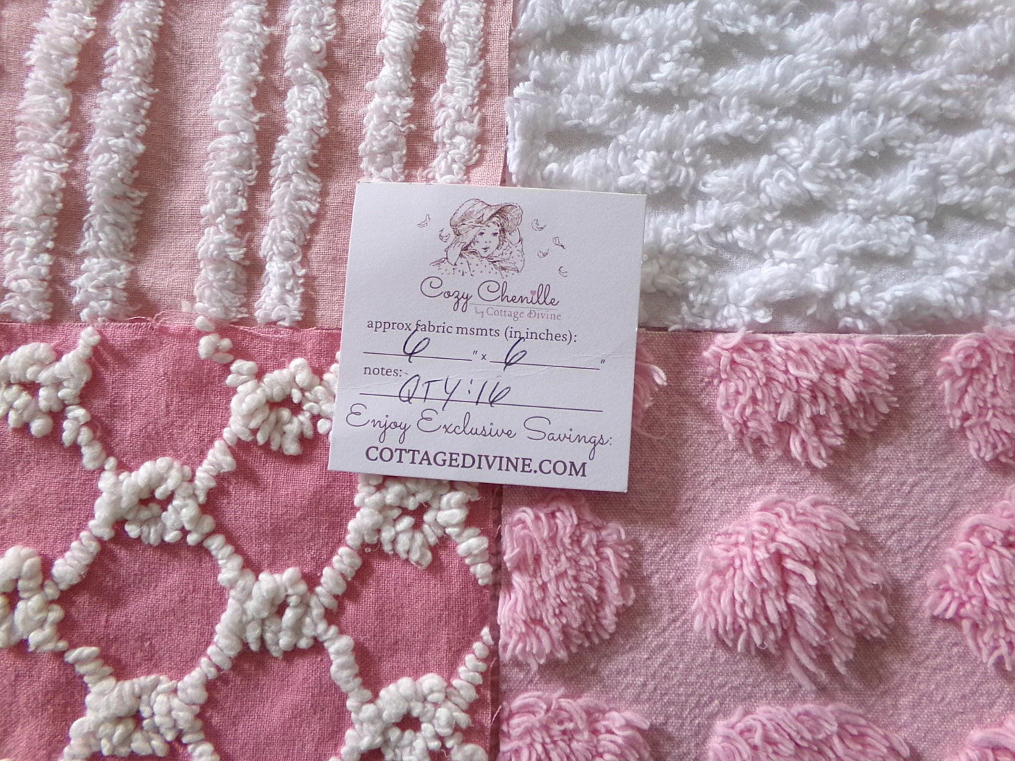 fun pink vintage chenille fabric squares, set of 16 quilt blocks, 6" x 6" inch, textured material ideal for rag quilts & patchwork pillows
