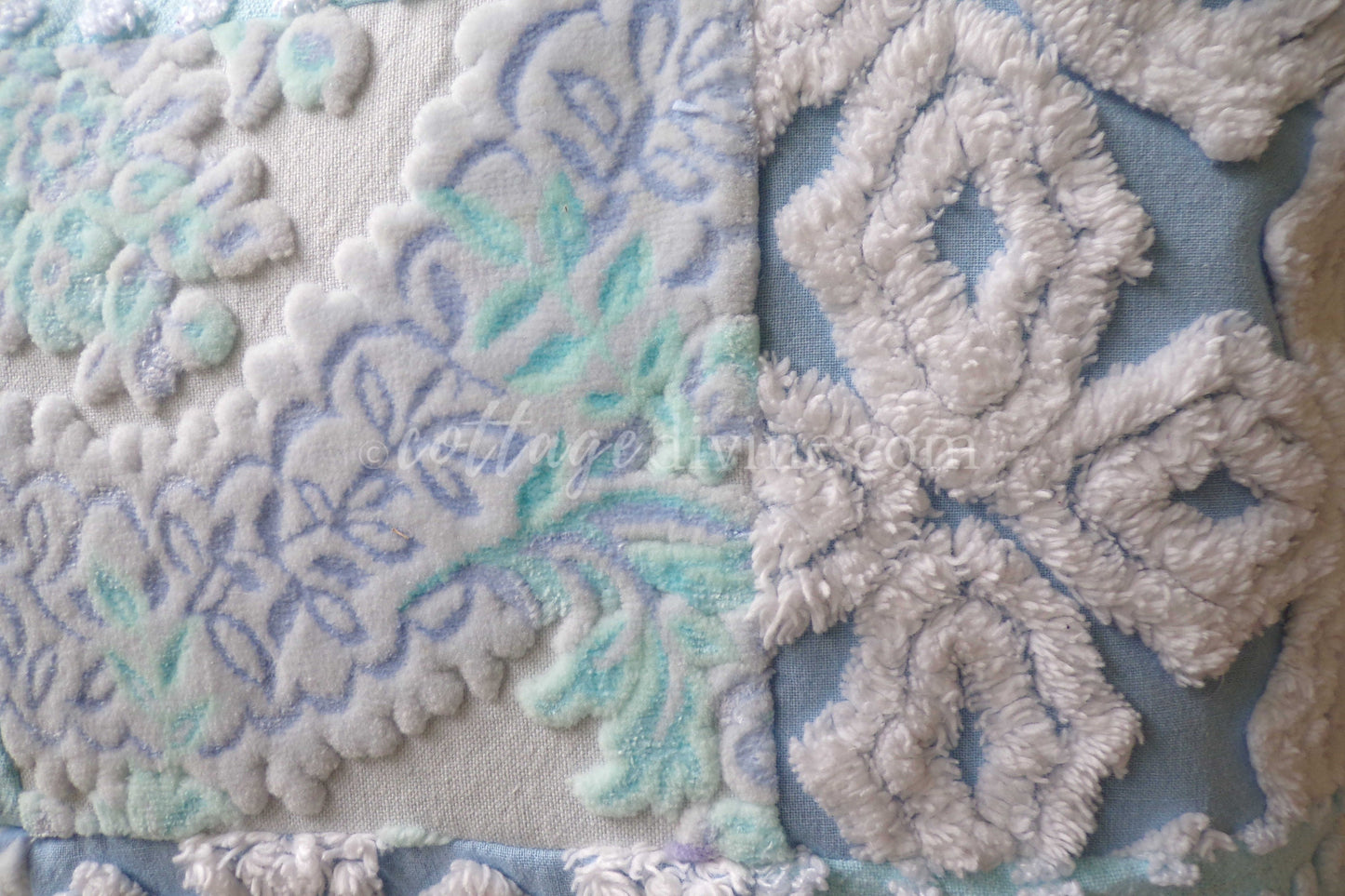 Coastal Chic Velvet & Chenille Pillow Cover 16" x 16" inch Square, REVERSIBLE Patchwork Accent Pillow from Vintage Chenille Bedspread Fabric