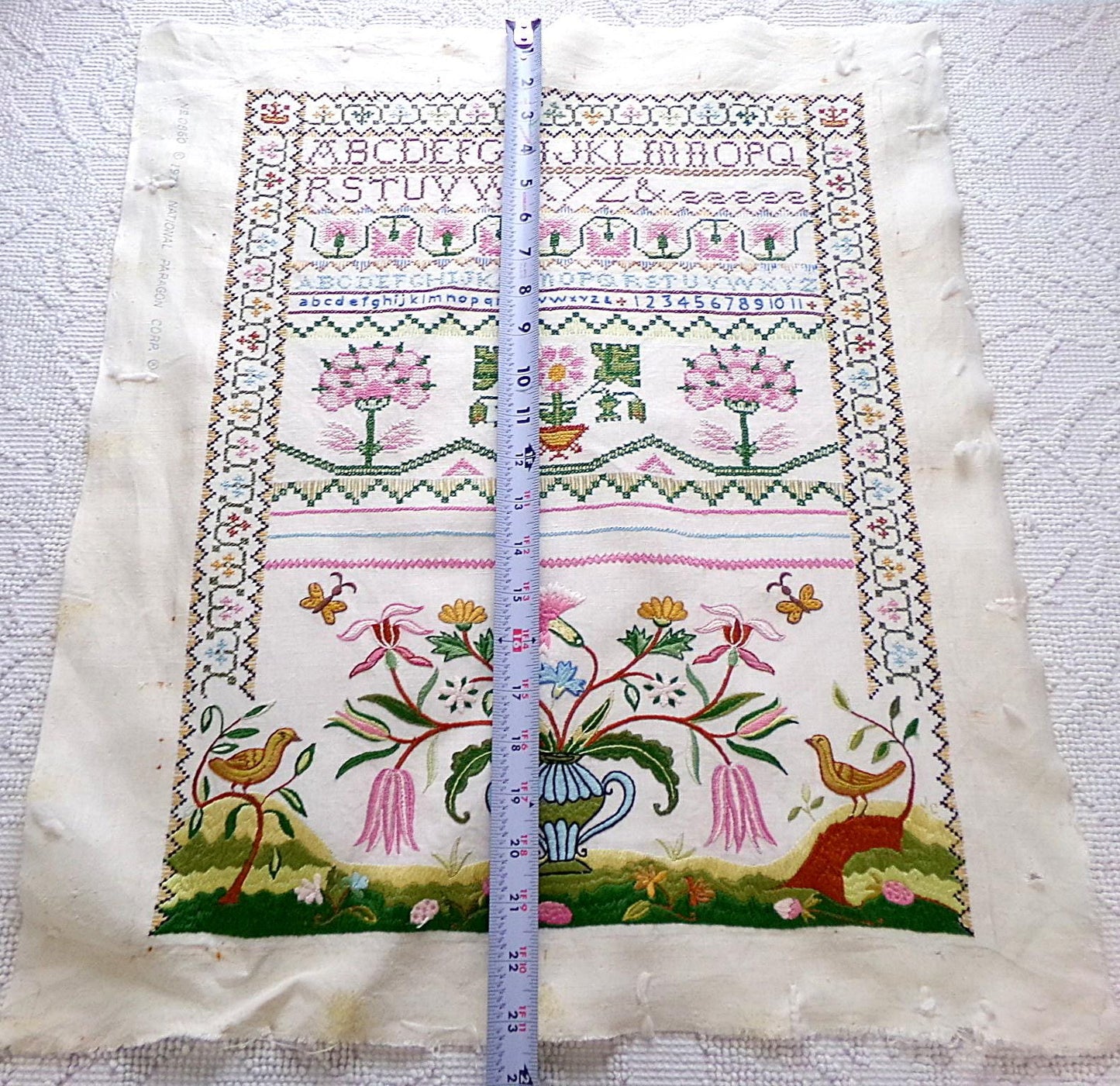 Shabby Vintage Linen Embroidery Sampler, Jacobean 1773 Cooper Hewitt Museum, 0860 Paragon Stitchery, Hand Embroidered, Completed