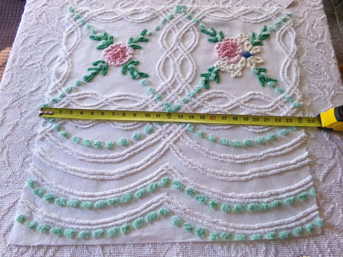 cottage style wildflower vintage chenille fabric, jadeite pops on white cotton, 22" x 23" inch piece of sewing material for quilting, crafts