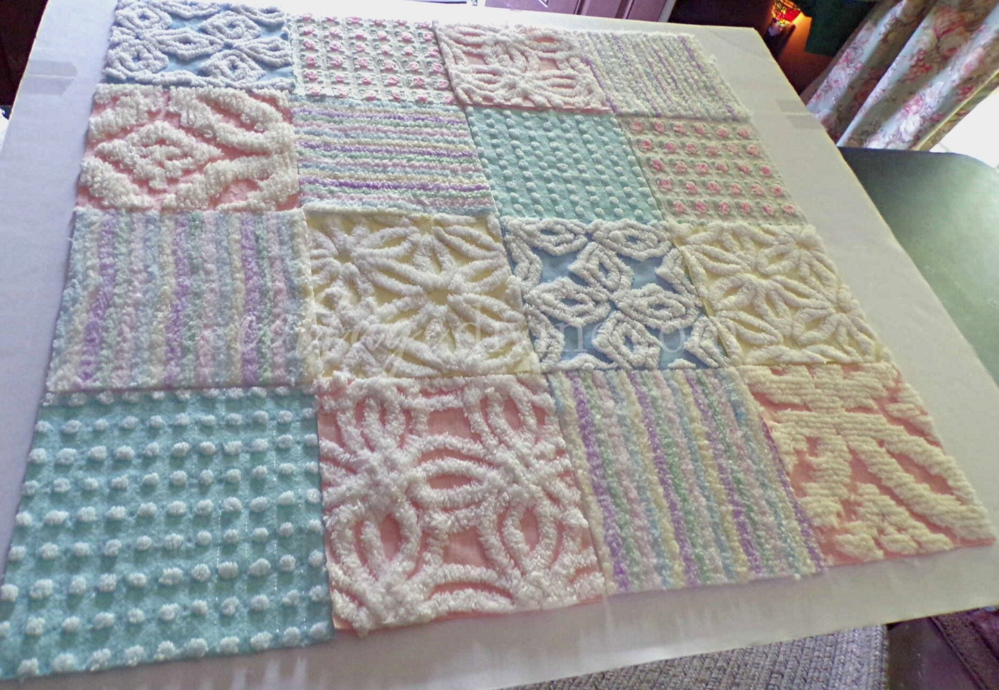 Rainbow Pastel Quilt Squares Set, Rotary Cut from Vintage Chenille Bedspread Fabric, 16 Blocks, 6" x 6" inch for quilting, sewing, crafts