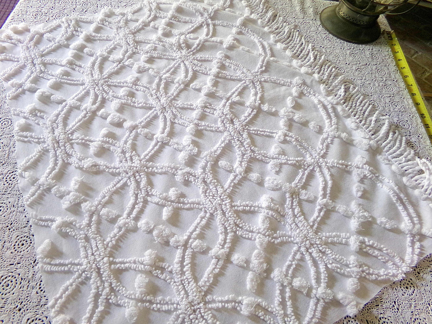 Traditional White Vintage Chenille Fabric in Classic Wedding Ring Pops Design, 20" x 25" Inch Piece, Versatile in Pillows, Quilts & Crafts